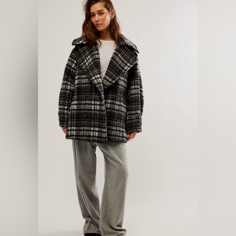 Free People Highlands Plaid Wool Pea Coat Oversized Small